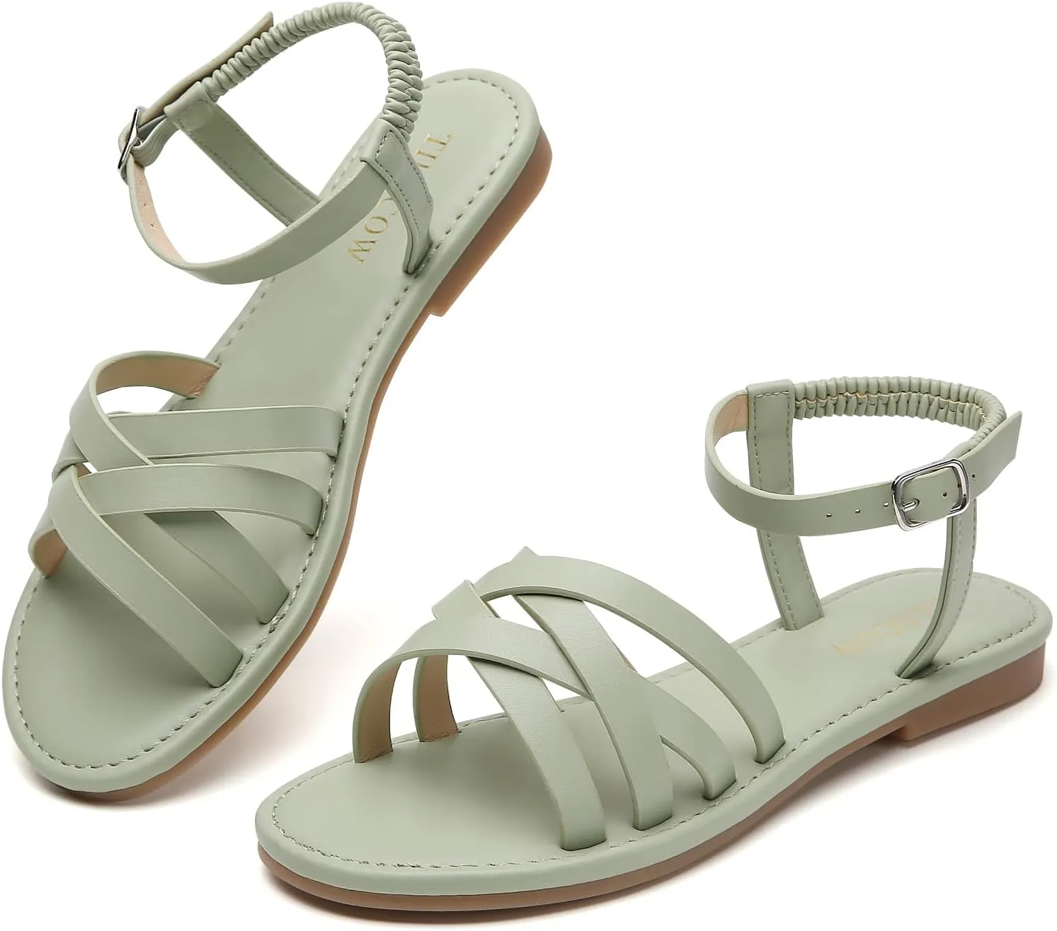 Tilocow Woven Women Flat Sandals Round Toe Buckle Slides Cross Strappy Casual Shoes for Summer