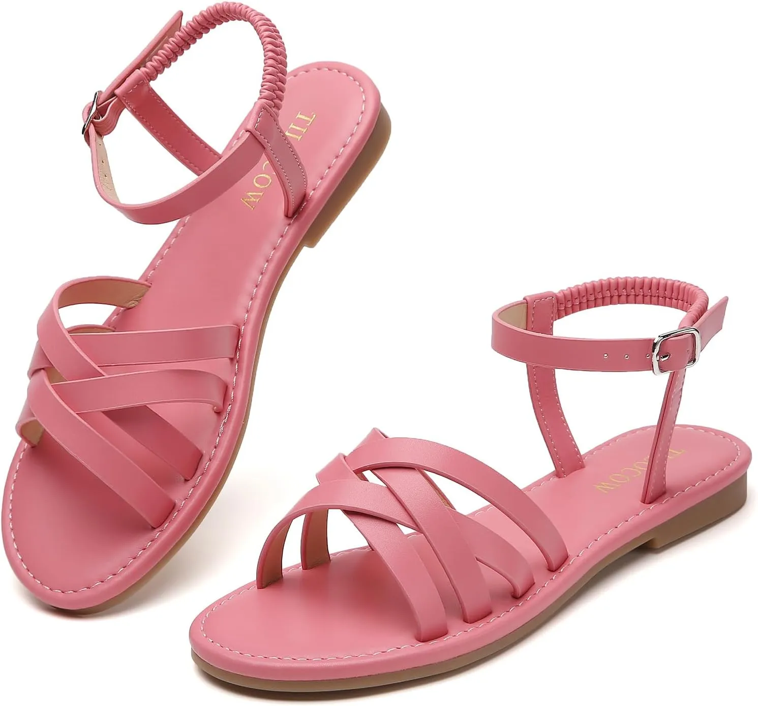 Tilocow Woven Women Flat Sandals Round Toe Buckle Slides Cross Strappy Casual Shoes for Summer