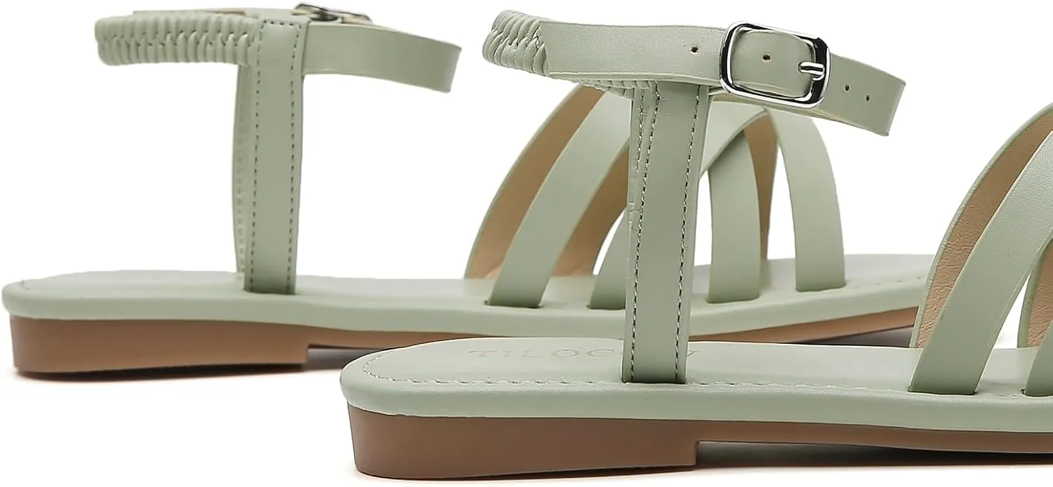 Tilocow Woven Women Flat Sandals Round Toe Buckle Slides Cross Strappy Casual Shoes for Summer