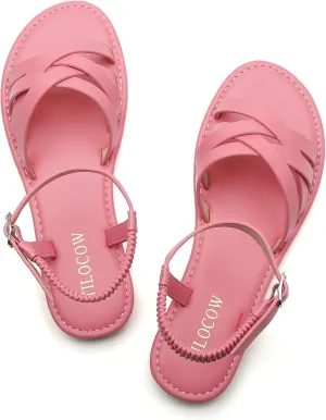Tilocow Woven Women Flat Sandals Round Toe Buckle Slides Cross Strappy Casual Shoes for Summer