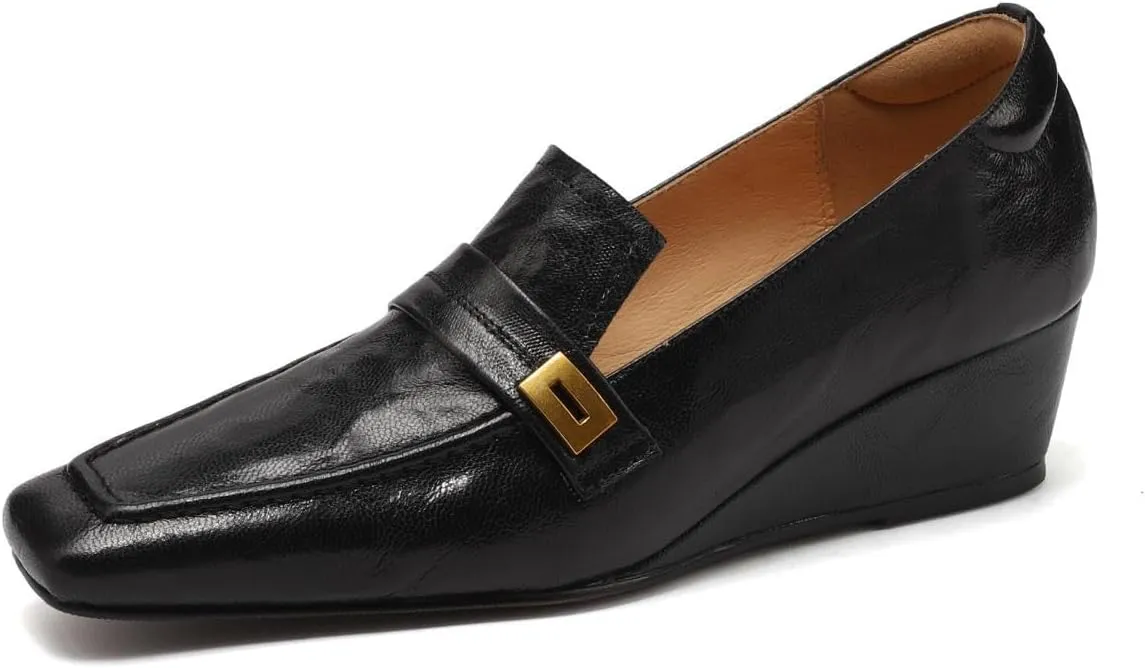 TinaCus Women's Handmade Geniuine Leather Casual Solid Square Toe Wedge Heel Slip On Penny Loafer Shoes