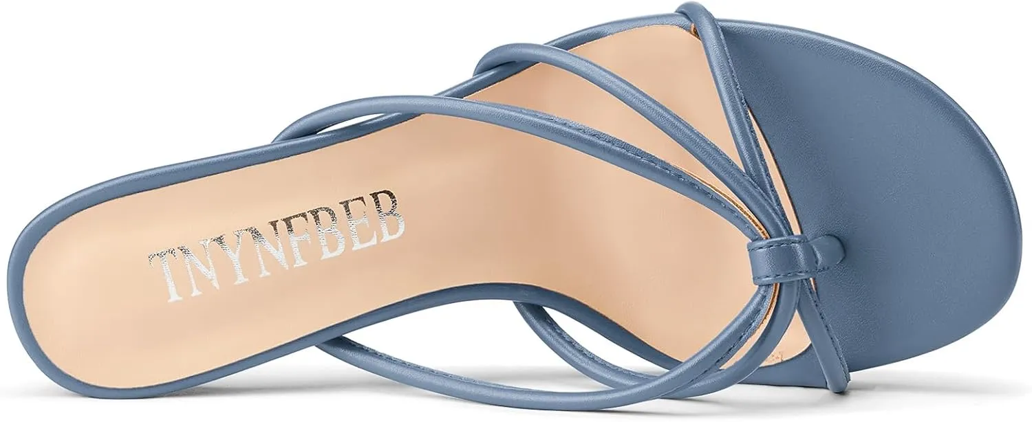 TNYNFBEB Women's Round Toe Flip Flop Strappy Mule Heels Slip-on Kitten Heel Thong Sandals Summer Dress Shoes 2.6 Inches