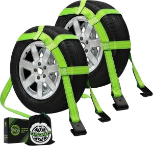 Tow Dolly Straps, 2 Pack Tow Dolly Basket Straps with Flat Hook, Car Dolly Strap, 10,000 lbs Breaking Strength, Tire Bonnet with Carrying Bag Fits Most 14"-17" Tires (Green)