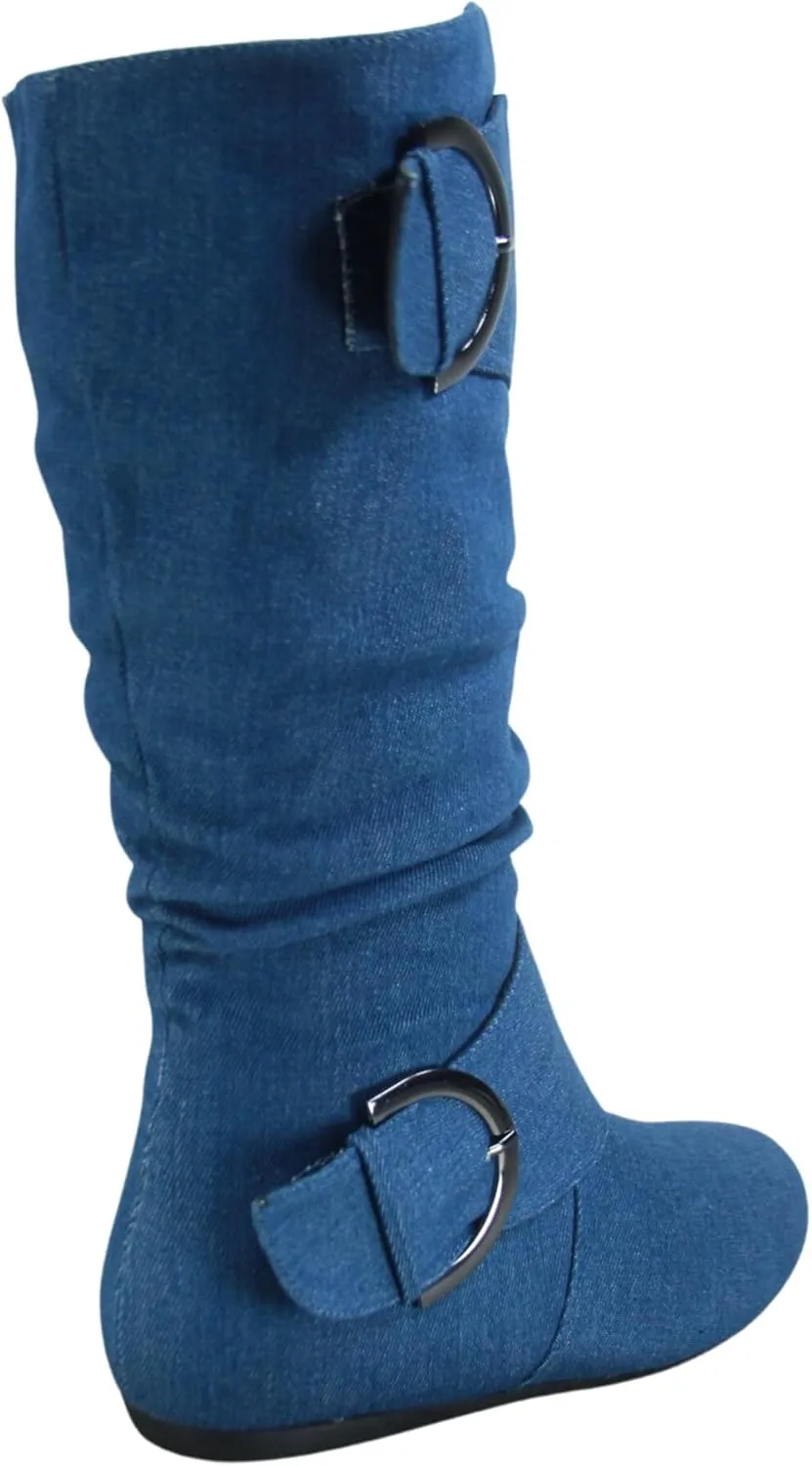 TZ Zone-38 Women's Closed Round Toe Flat Heel Buckle Slouchy Mid-Calf Casual Boots
