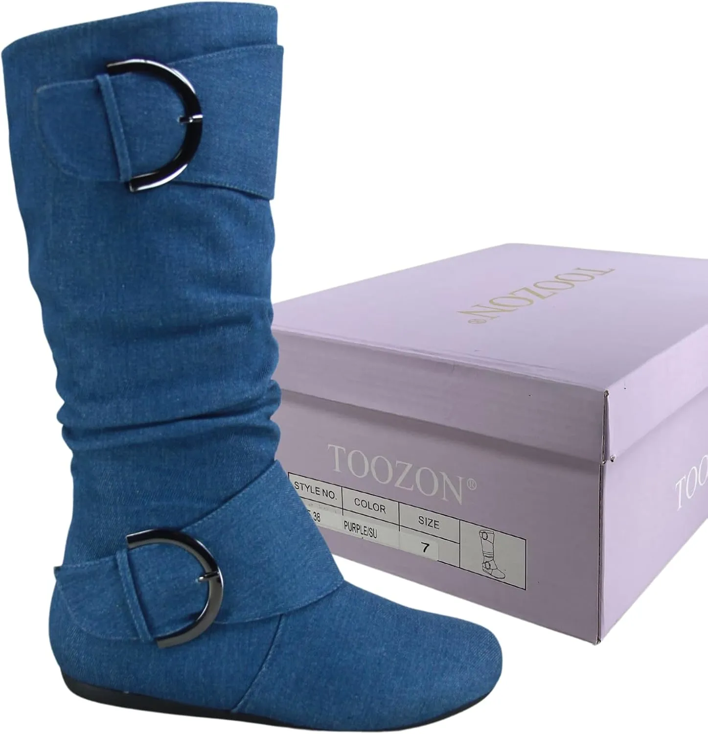 TZ Zone-38 Women's Closed Round Toe Flat Heel Buckle Slouchy Mid-Calf Casual Boots