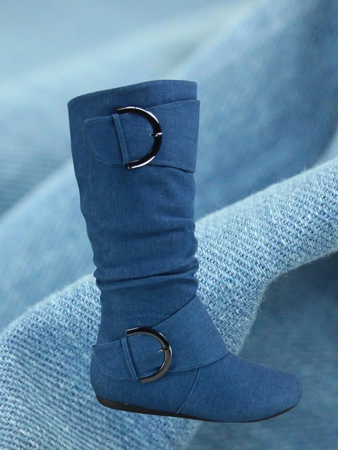 TZ Zone-38 Women's Closed Round Toe Flat Heel Buckle Slouchy Mid-Calf Casual Boots