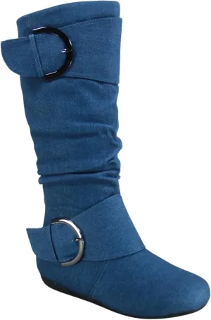 TZ Zone-38 Women's Closed Round Toe Flat Heel Buckle Slouchy Mid-Calf Casual Boots