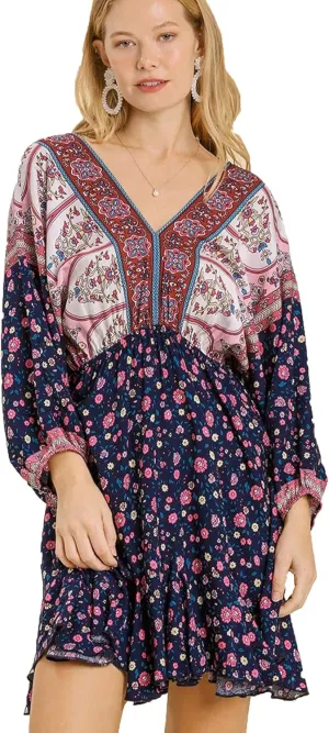 Umgee Womens Bohemian V-Neck Print Dress