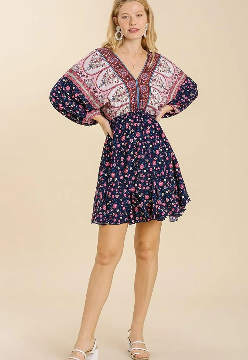 Umgee Womens Bohemian V-Neck Print Dress
