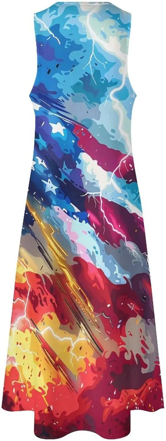 U.S. Flag Thunder Women's Casual Maxi Dress Sleeveless Summer Beach Long Sundress