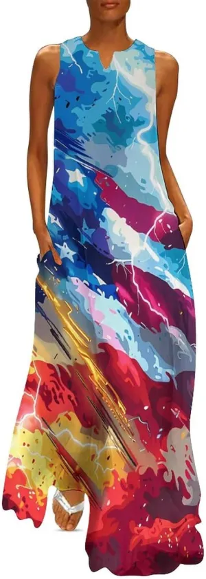 U.S. Flag Thunder Women's Casual Maxi Dress Sleeveless Summer Beach Long Sundress