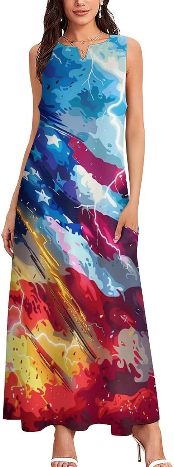 U.S. Flag Thunder Women's Casual Maxi Dress Sleeveless Summer Beach Long Sundress