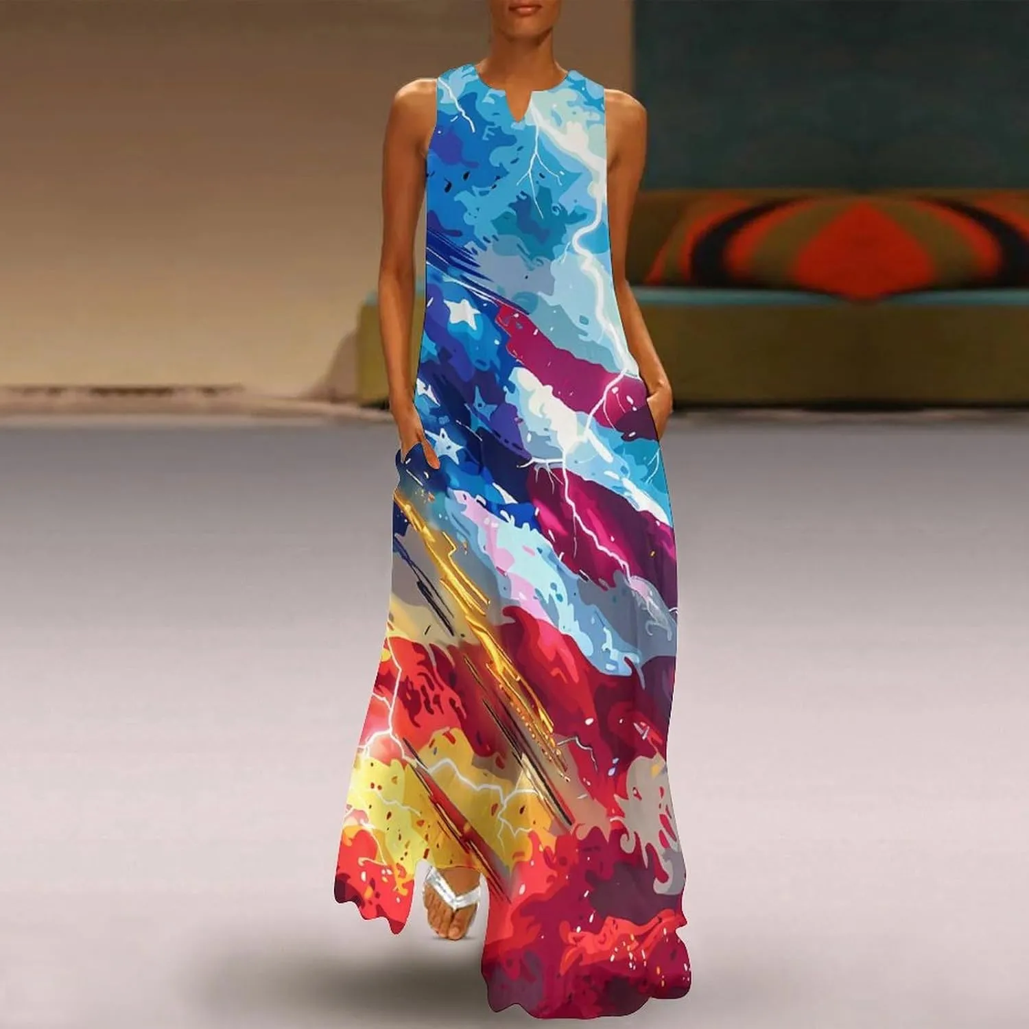 U.S. Flag Thunder Women's Casual Maxi Dress Sleeveless Summer Beach Long Sundress