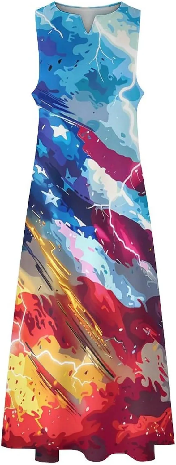U.S. Flag Thunder Women's Casual Maxi Dress Sleeveless Summer Beach Long Sundress