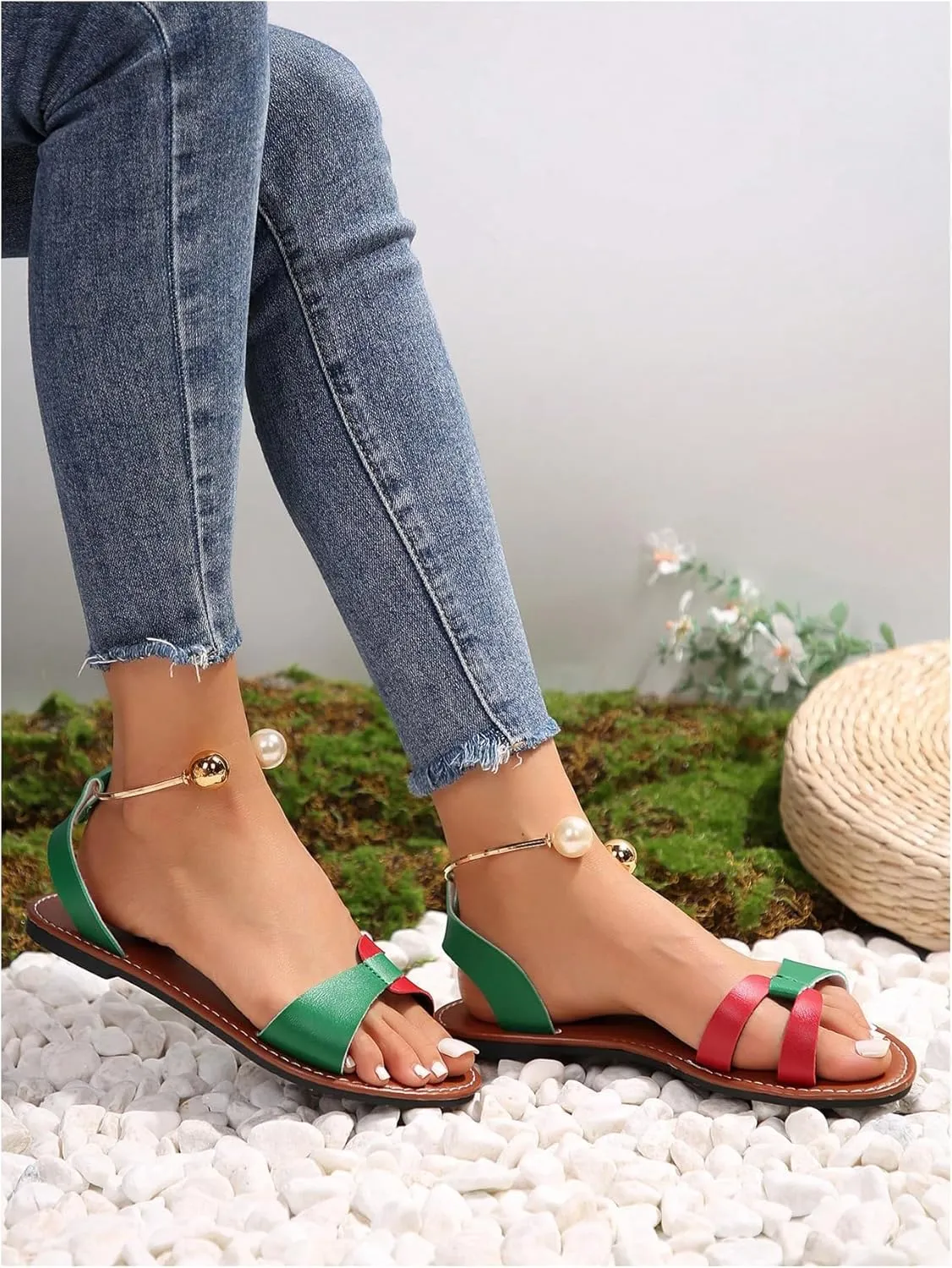 Verdusa Women's Color Block Pearl Strap Leather Sandals Open Toe Flat Sandals