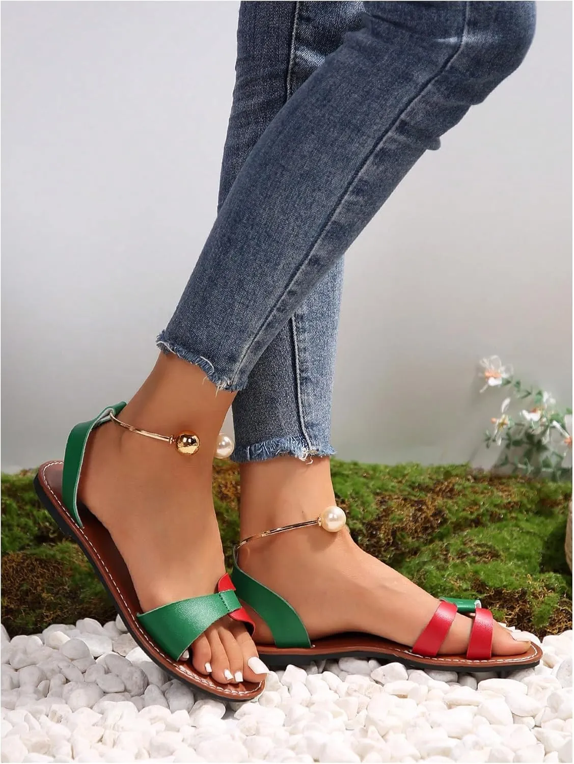 Verdusa Women's Color Block Pearl Strap Leather Sandals Open Toe Flat Sandals