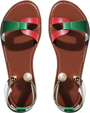 Verdusa Women's Color Block Pearl Strap Leather Sandals Open Toe Flat Sandals