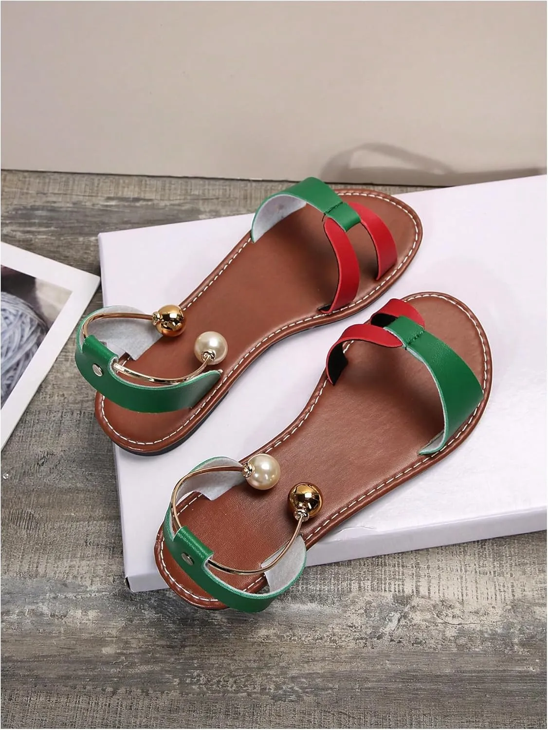 Verdusa Women's Color Block Pearl Strap Leather Sandals Open Toe Flat Sandals