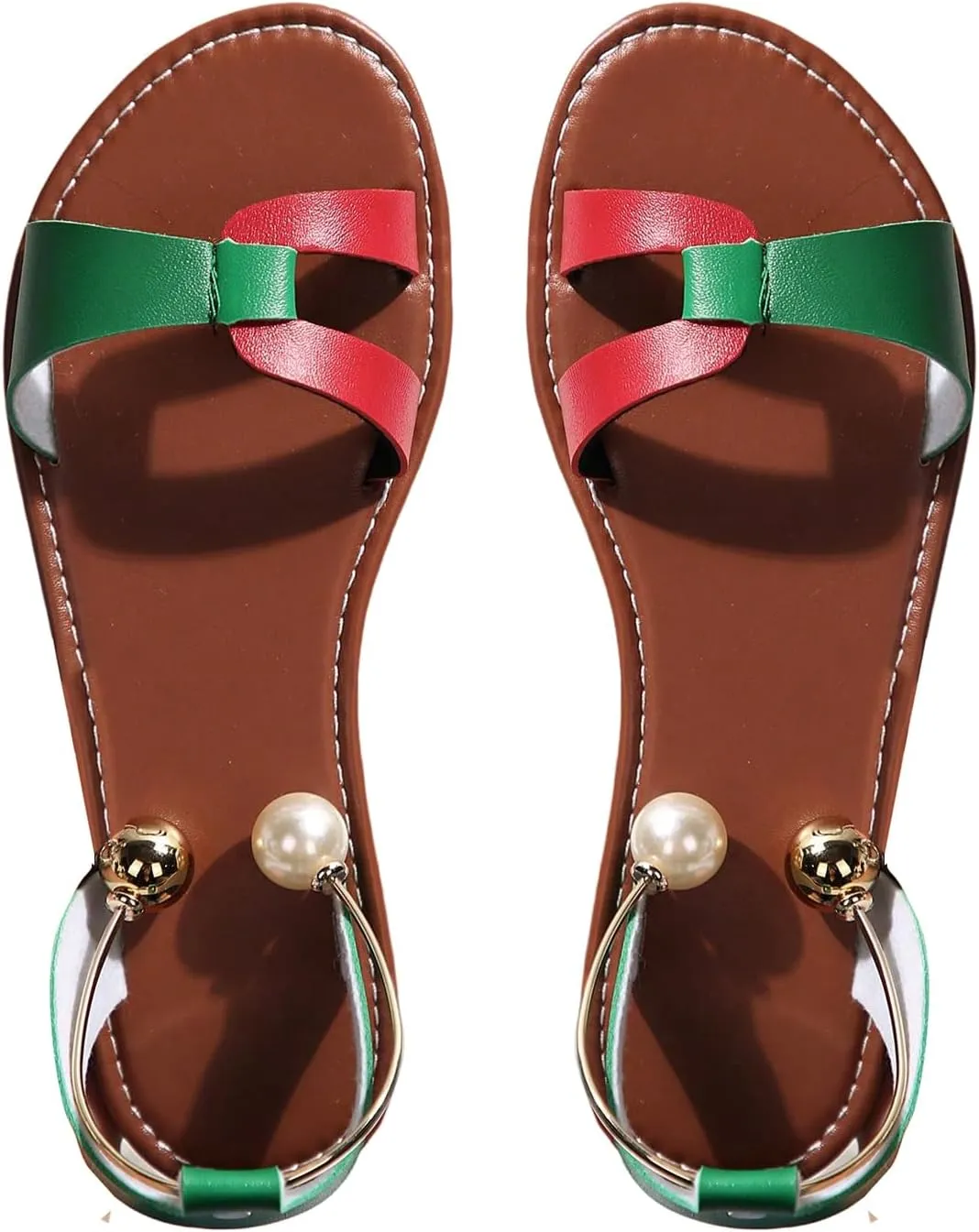 Verdusa Women's Color Block Pearl Strap Leather Sandals Open Toe Flat Sandals