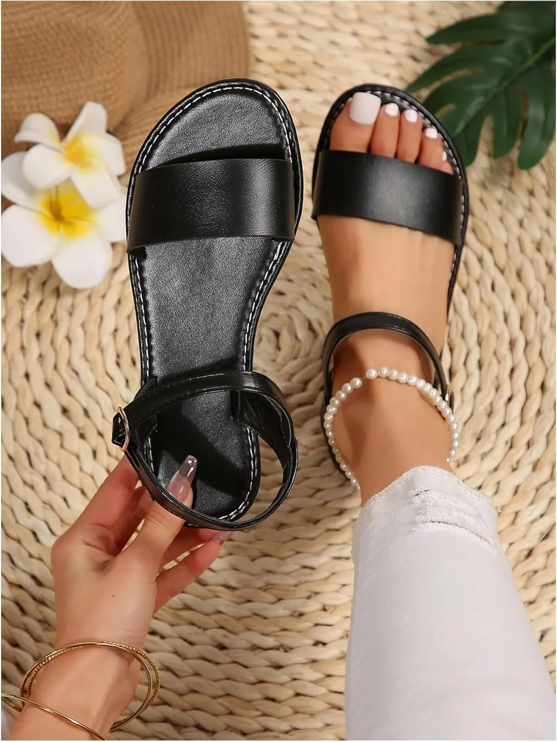 Verdusa Women's One Band Ankle Strap Flat Sandals Open Toe Walking Shoes