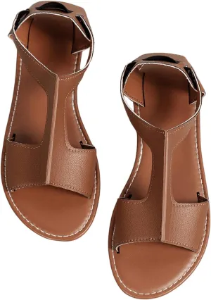 Verdusa Women's PU Leather Slingback Sandals Open Toe Flat Sandals with Ankle Strap