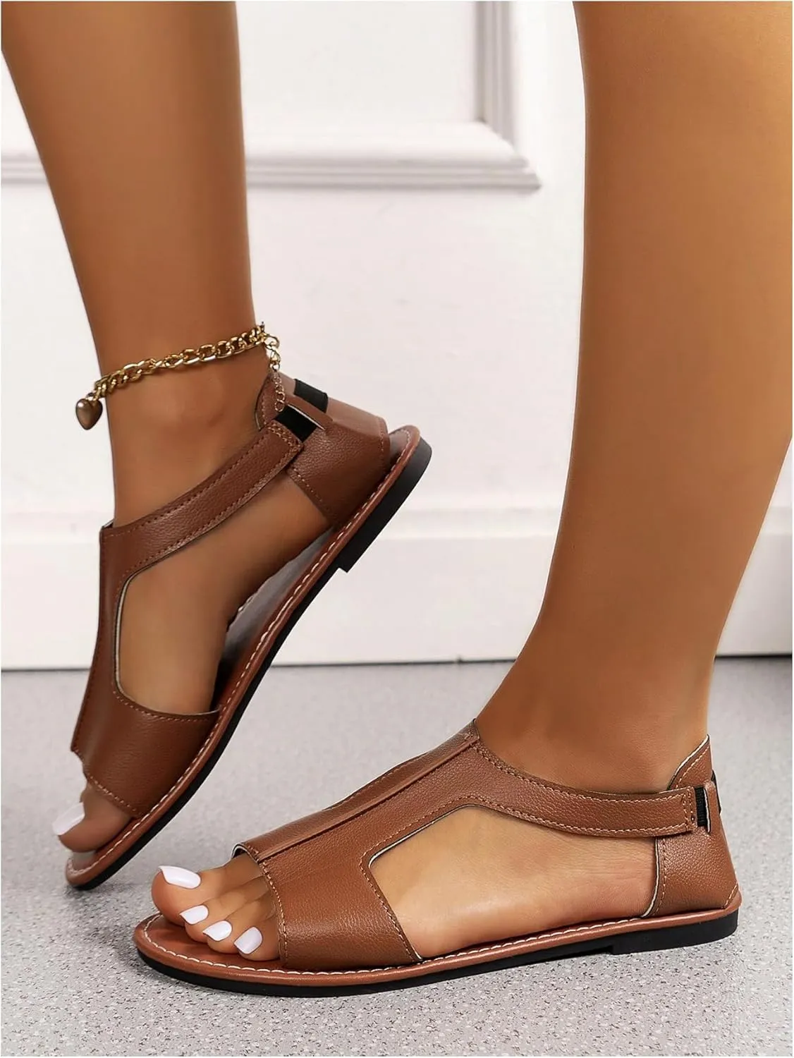 Verdusa Women's PU Leather Slingback Sandals Open Toe Flat Sandals with Ankle Strap