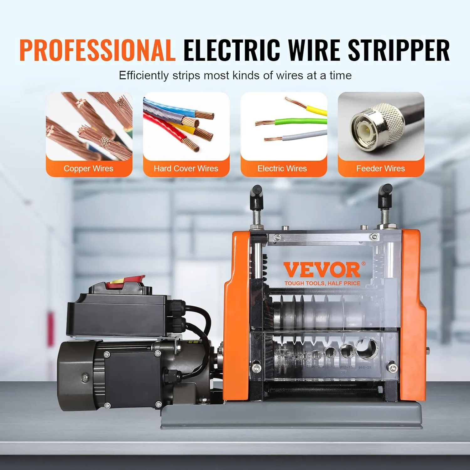 VEVOR Electric Wire Stripping Machine, 0.06”-0.98” Automatic Wire Stripper Machine, 60 W, Wire Stripper with Visible Stripping Depth Reference, 6 Round & 1 Flat Channels Electric Wire Stripper
