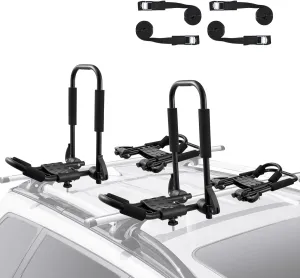 VEVOR Kayak Roof Rack 2 Pairs J-Bar, Soft Roof Rack Quick Folding, Top Mount Tie Down, Carrier for Kayak, Surf Board, Canoe, SUP, Ski Board, Mount on Car, SUV, Truck, 2 Kayaks