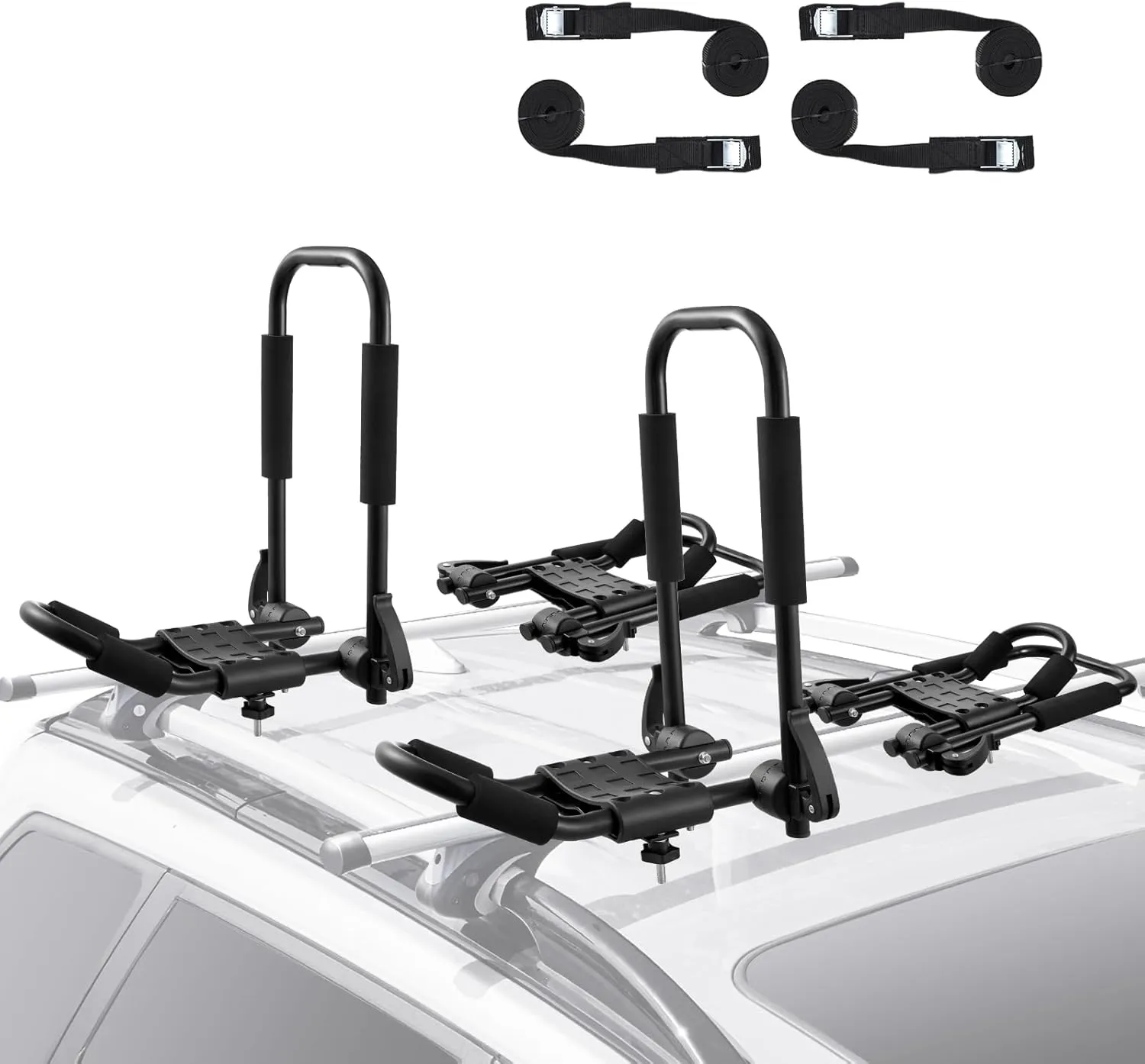 VEVOR Kayak Roof Rack 2 Pairs J-Bar, Soft Roof Rack Quick Folding, Top Mount Tie Down, Carrier for Kayak, Surf Board, Canoe, SUP, Ski Board, Mount on Car, SUV, Truck, 2 Kayaks
