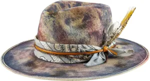 Vintage Pencil Brim Fedora Hats 100% Wool Felt Hat Panama Rancher Hat with Lightning Logo Handmade Distressed/Burned