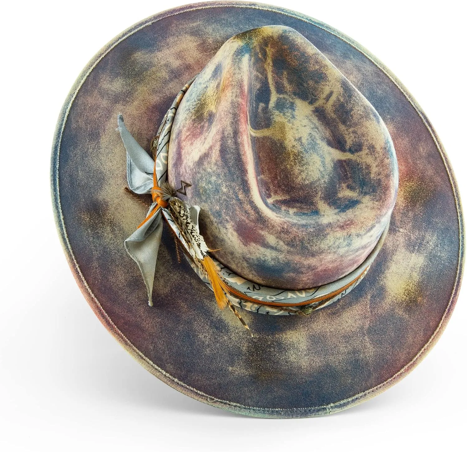 Vintage Pencil Brim Fedora Hats 100% Wool Felt Hat Panama Rancher Hat with Lightning Logo Handmade Distressed/Burned