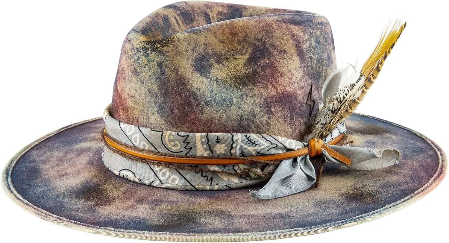 Vintage Pencil Brim Fedora Hats 100% Wool Felt Hat Panama Rancher Hat with Lightning Logo Handmade Distressed/Burned