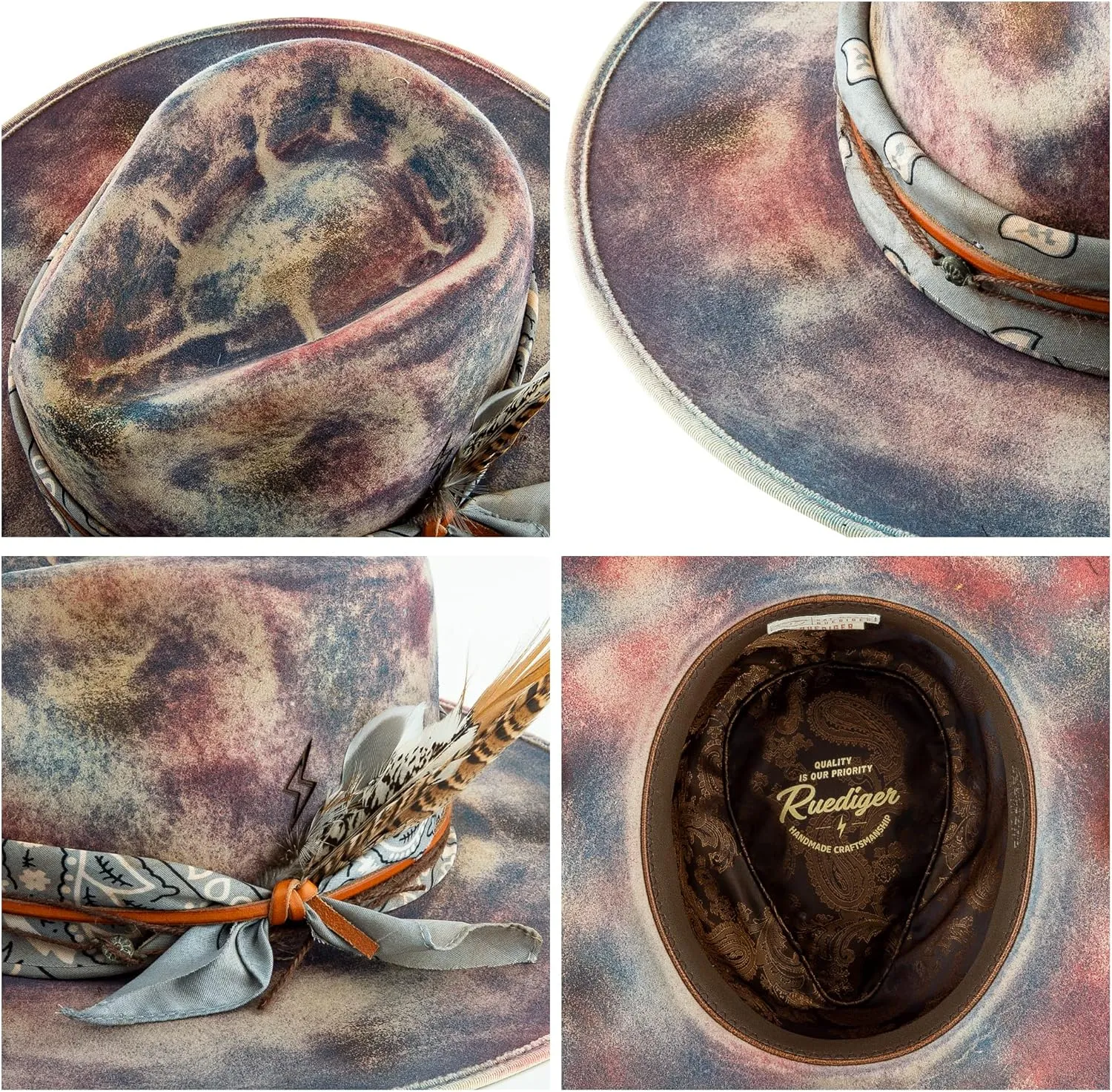 Vintage Pencil Brim Fedora Hats 100% Wool Felt Hat Panama Rancher Hat with Lightning Logo Handmade Distressed/Burned