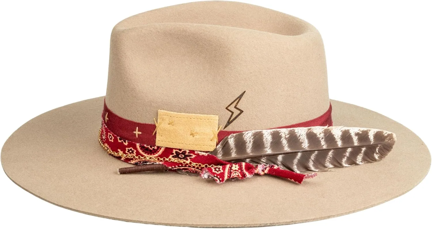 Vintage Wide Brim Fedora Hats 100% Wool Stiff Felt Hat Panama Rancher Hat with Lightning Logo Handmade Distressed/Burned
