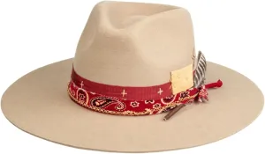 Vintage Wide Brim Fedora Hats 100% Wool Stiff Felt Hat Panama Rancher Hat with Lightning Logo Handmade Distressed/Burned