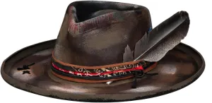 Vintage Wide Brim Fedora Hats 100% Wool Stiff Felt Hat Panama Rancher Hat with Lightning Logo Handmade Distressed/Burned