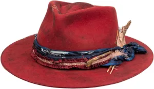 Vintage Wide Brim Fedora Hats 100% Wool Stiff Felt Hat Panama Rancher Hat with Lightning Logo Handmade Distressed/Burned