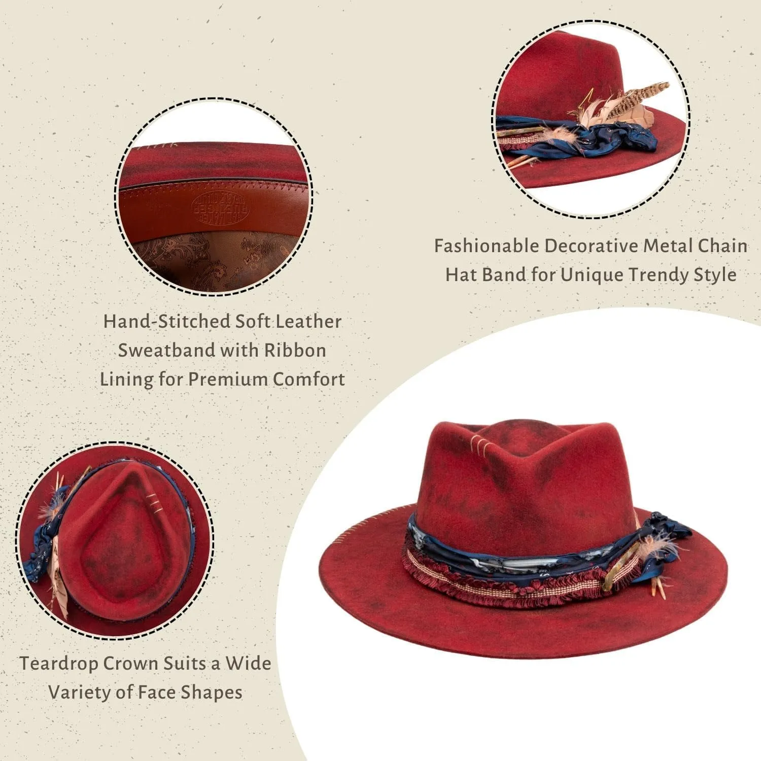 Vintage Wide Brim Fedora Hats 100% Wool Stiff Felt Hat Panama Rancher Hat with Lightning Logo Handmade Distressed/Burned