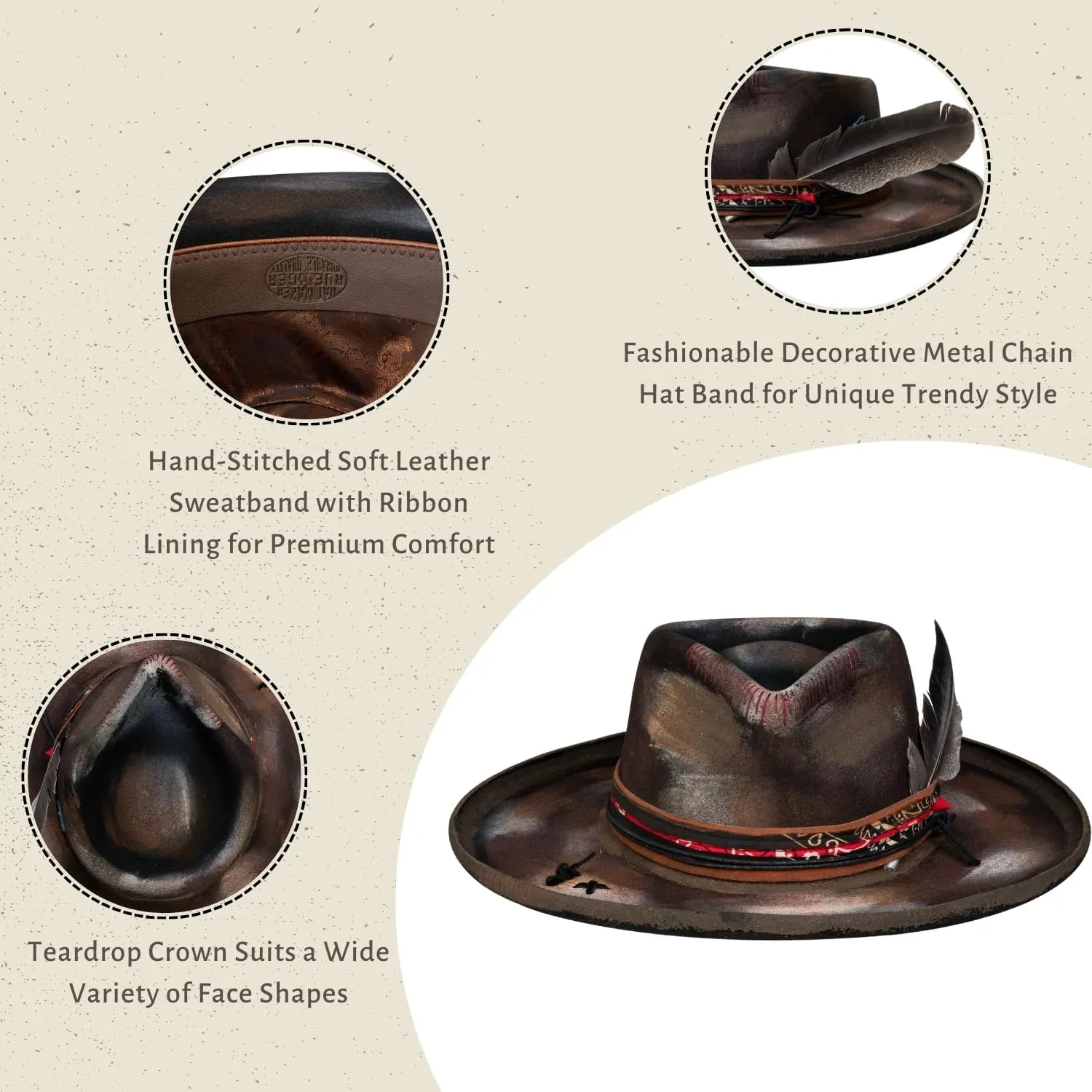 Vintage Wide Brim Fedora Hats 100% Wool Stiff Felt Hat Panama Rancher Hat with Lightning Logo Handmade Distressed/Burned