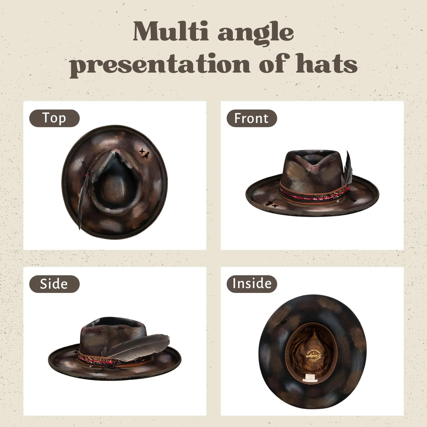 Vintage Wide Brim Fedora Hats 100% Wool Stiff Felt Hat Panama Rancher Hat with Lightning Logo Handmade Distressed/Burned