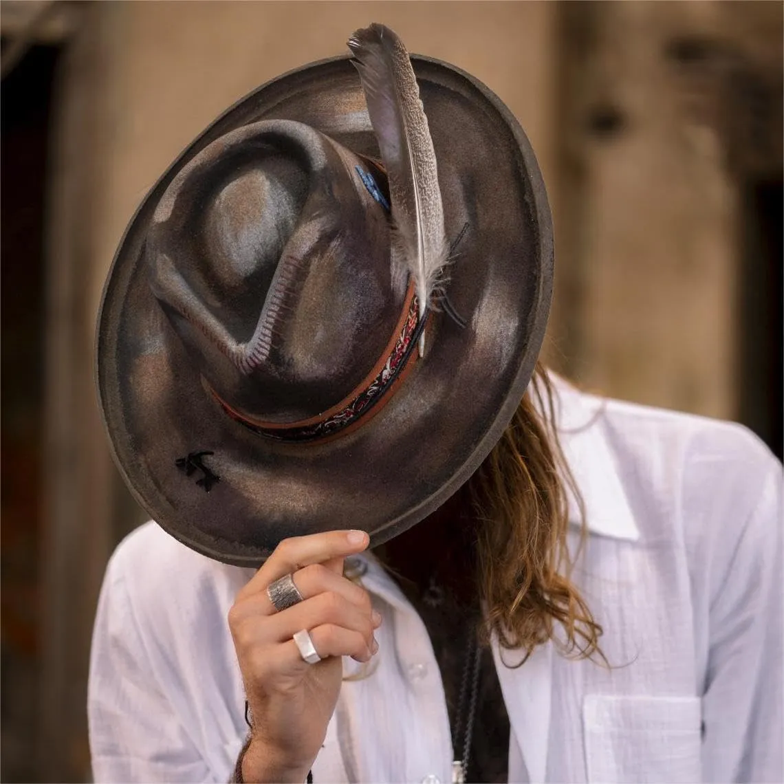 Vintage Wide Brim Fedora Hats 100% Wool Stiff Felt Hat Panama Rancher Hat with Lightning Logo Handmade Distressed/Burned
