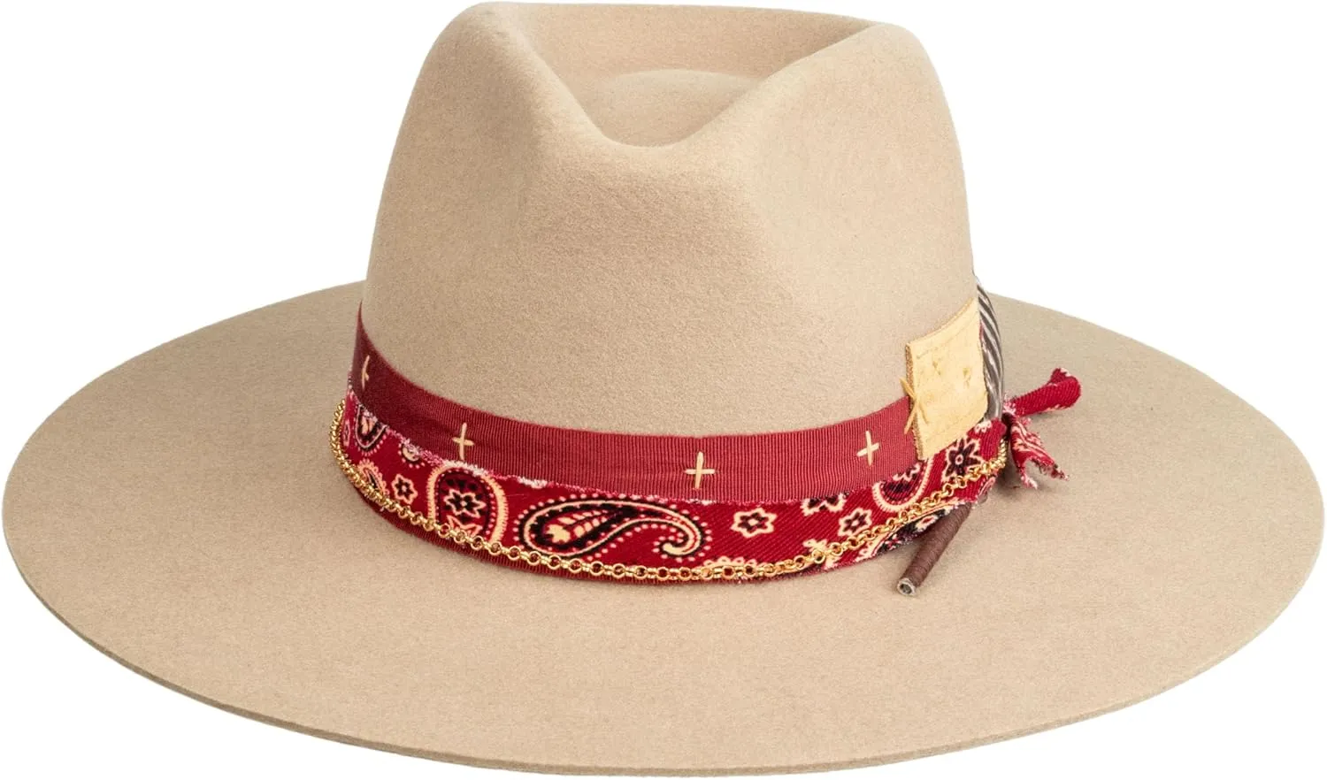 Vintage Wide Brim Fedora Hats 100% Wool Stiff Felt Hat Panama Rancher Hat with Lightning Logo Handmade Distressed/Burned