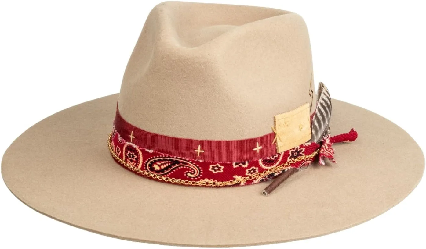 Vintage Wide Brim Fedora Hats 100% Wool Stiff Felt Hat Panama Rancher Hat with Lightning Logo Handmade Distressed/Burned