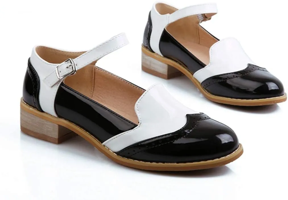 VOKLIN Women's Two Tone Flat Mary Jane Oxford Shoes Wingtip Buckle Low Heel Vintage Saddle Oxfords Brogues