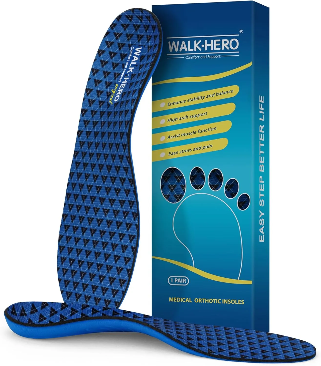Walkhero Plantar Fasciitis Inserts - Arch Support Orthotic Insoles for Flat Foot and Foot Pain, Everyday Comfort and Support (Mens 7-7 1/2 | Womens 9-9 1/2 Blue)