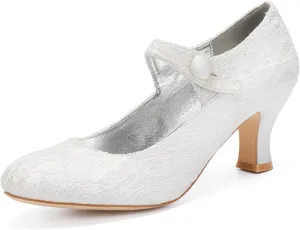 Wedding Shoes for Bride Slip On Lace Wedding Flats Women Round Toe Bridal Shoes Closed Mid Kitten Heel Bridal Shoes