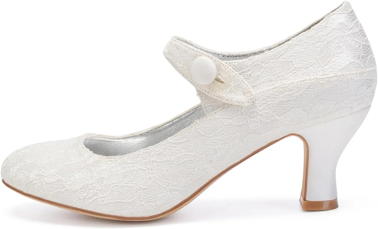 Wedding Shoes for Bride Slip On Lace Wedding Flats Women Round Toe Bridal Shoes Closed Mid Kitten Heel Bridal Shoes
