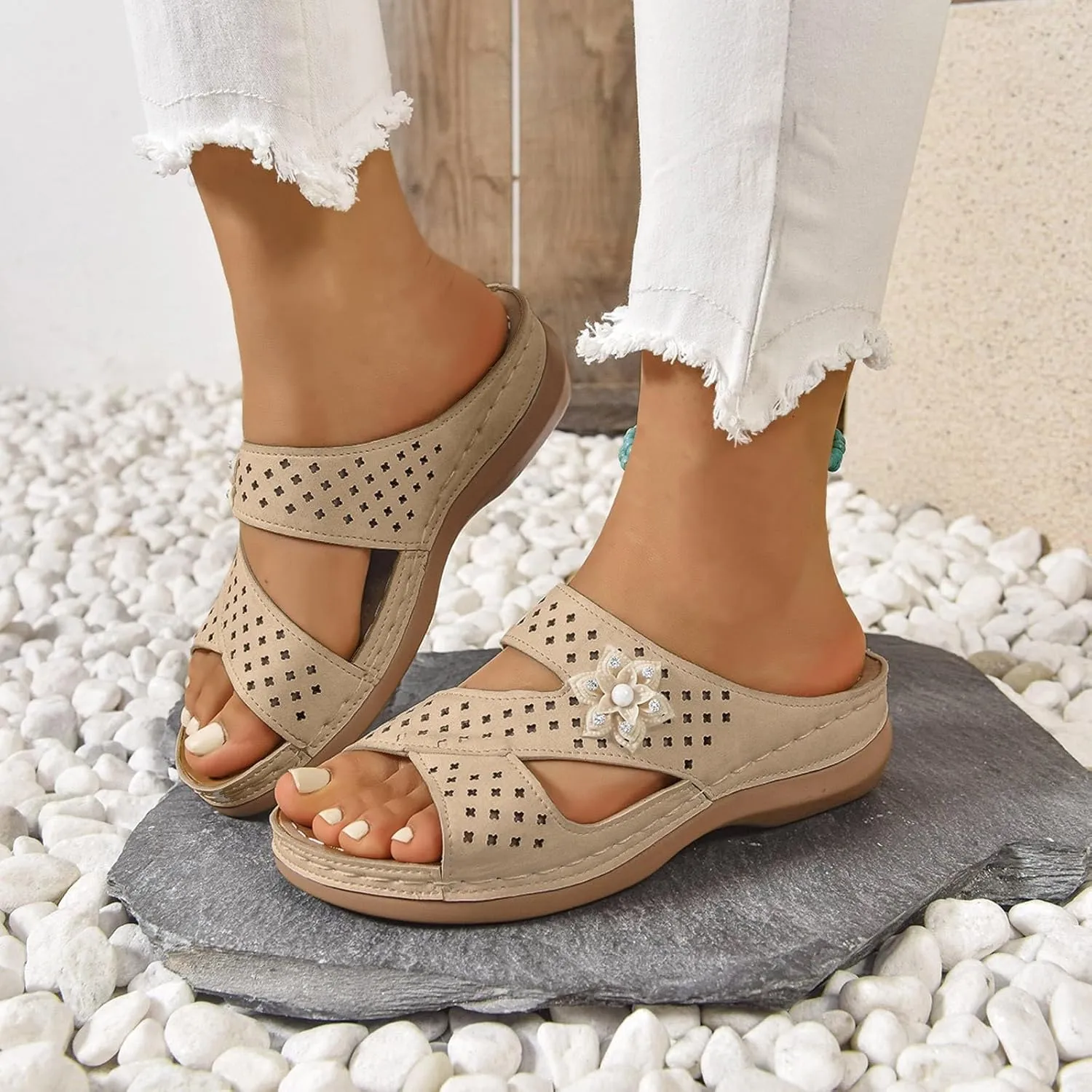 Wedge Sandals for Women 2025 Orthopedic Wide Width Open Toe Cutout Slip On Slides Ladies Low Heel Comfy Cushioned Footbed Arch Support Recovery Mules Casual Shoes for Outdoor Indoor