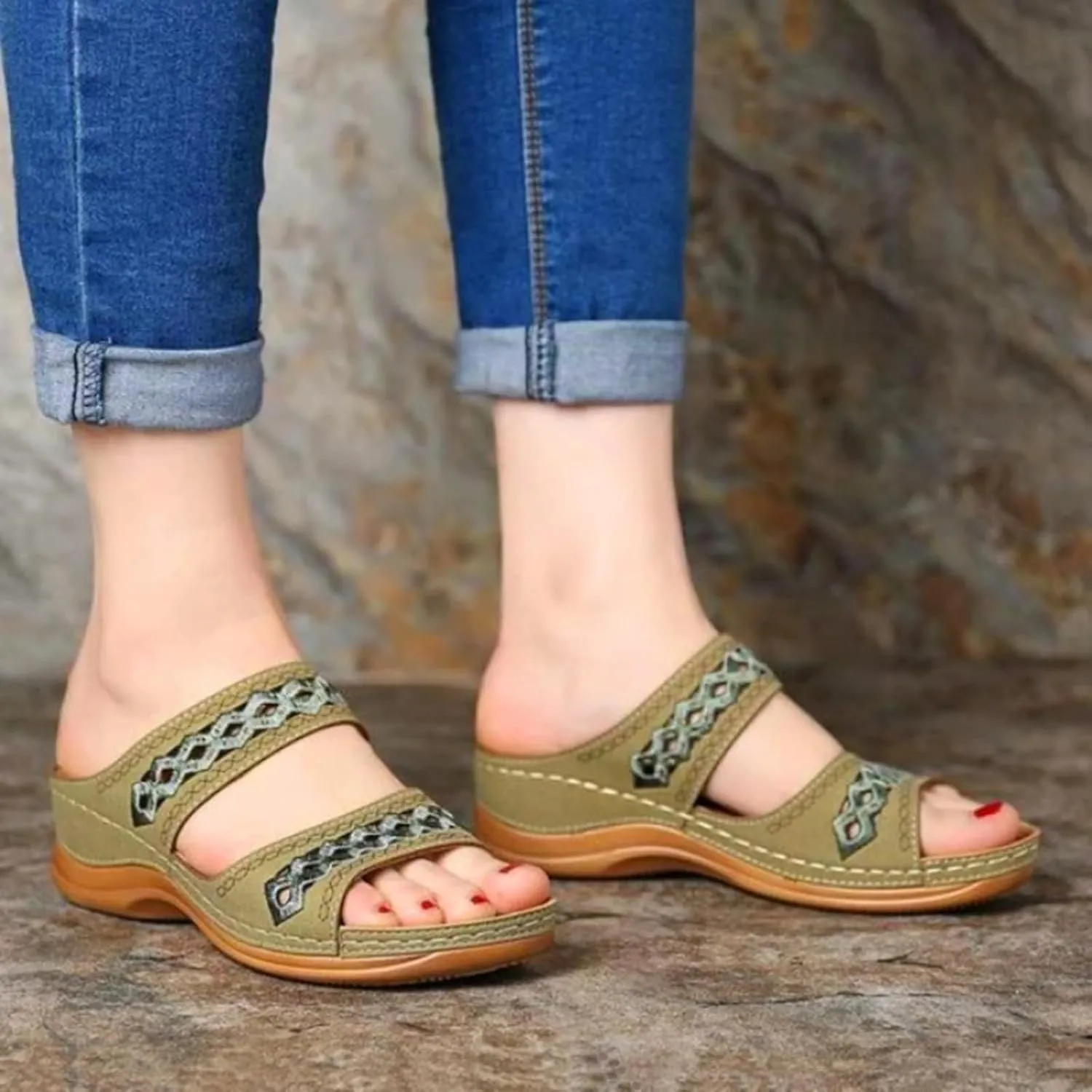 Wedge Sandals for Women Dressy Embroidered Orthopedic Sandals, Womens Summer Casual Slip On Platform Wedges Open Toe Two Band Breathable Walking Slippers