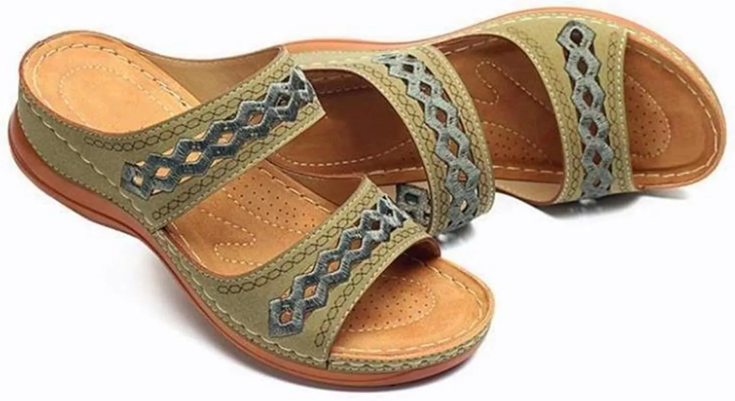 Wedge Sandals for Women Dressy Embroidered Orthopedic Sandals, Womens Summer Casual Slip On Platform Wedges Open Toe Two Band Breathable Walking Slippers